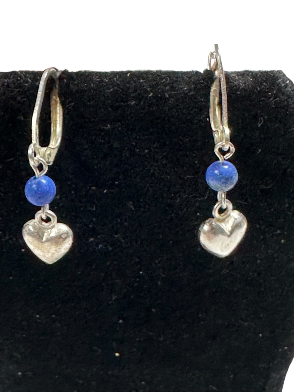 Vtg FI Italy Sterling 925 Lapis Bead Puffy Heart Dangle Earring Lever Back 1.5”